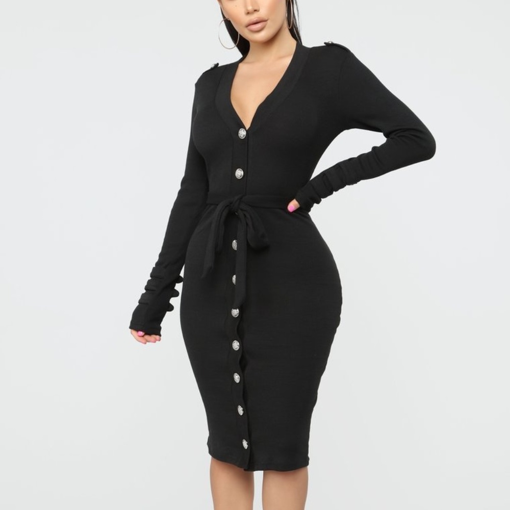 Black Long Sleeved Button Dress